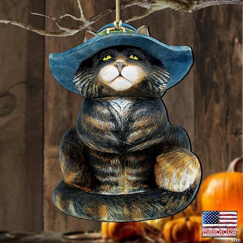 Best Pirce 🛒 Designocracy Cat in Hat Wooden Ornaments Set of 2 👪 Thanksgiving 🦇 Halloween Decor 🔔 - Image 2