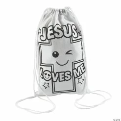 Hot Sale 😉 Color Your Own Medium Jesus Loves Me Drawstring Bags - 12 Pc. 🔔