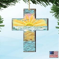 Promo 🥰 Designocracy Coastal Cross Wooden Ornaments Set of 2 Coastal Holiday Decor ❤️