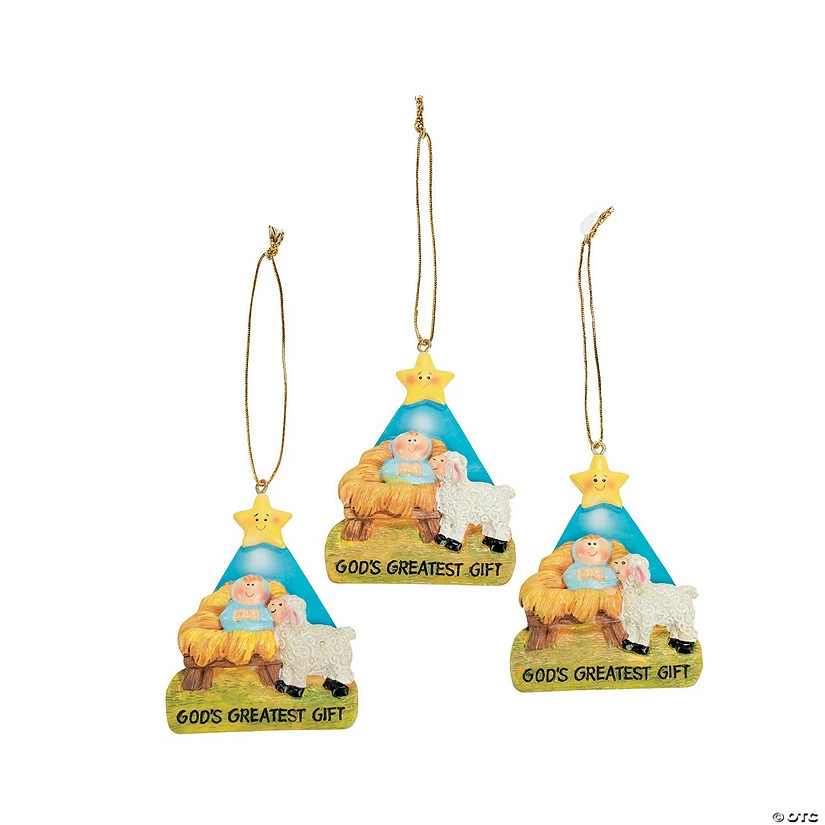 Wholesale ๐ Nativity Godโs Greatest Gift Resin ๐ Christmas Ornaments - 12 Pc. ๐คฉ